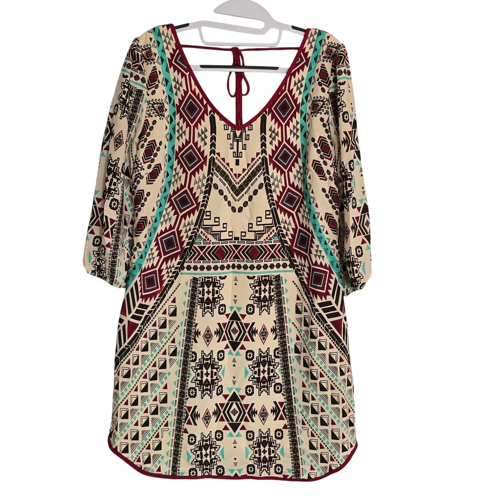 Womens Geometric Tribal Aztec‎ Print V-Neck Tie Back Shift Mini Dress Lined